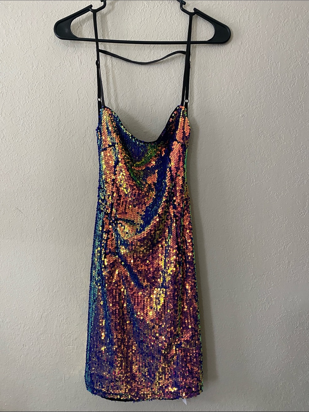 Iridescent Multi-Sequin Cowl Midi Dress - Black Straps - Picture 2 of 12